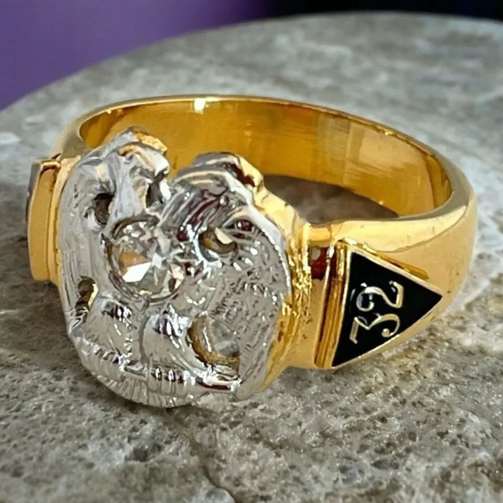 Vintage Masonic Ring Size 7 14K Gold Plate Freemason 32nd degree CZ - 14A